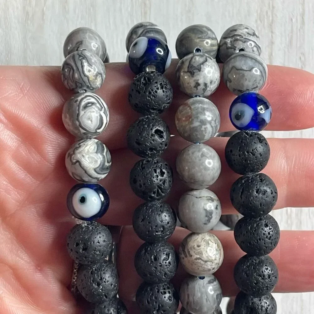 Picasso jasper lava evil eye 10mm stretch bracelet beaded bracelet 7” stretch cr